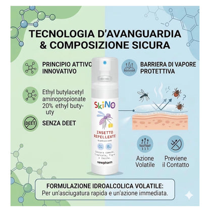 SKINO 
Spray repellente pronto all'uso per zanzare da applicare sui vestiti e sulla pelle.