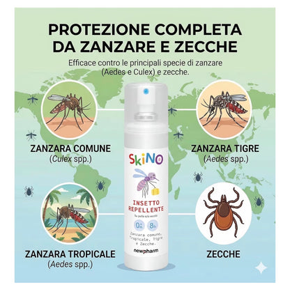 SKINO 
Spray repellente pronto all'uso per zanzare da applicare sui vestiti e sulla pelle.