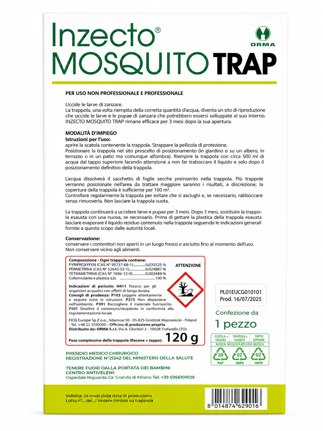 Mosquito trap progettata appositamente per ricreare un ambiente di coltura per le zanzare il più attrattivo possibile e bloccarne lo sviluppo della popolazione.
