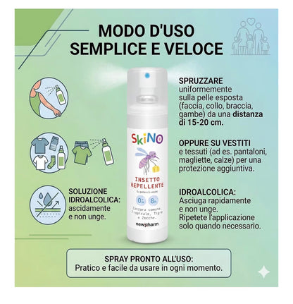 SKINO 
Spray repellente pronto all'uso per zanzare da applicare sui vestiti e sulla pelle.