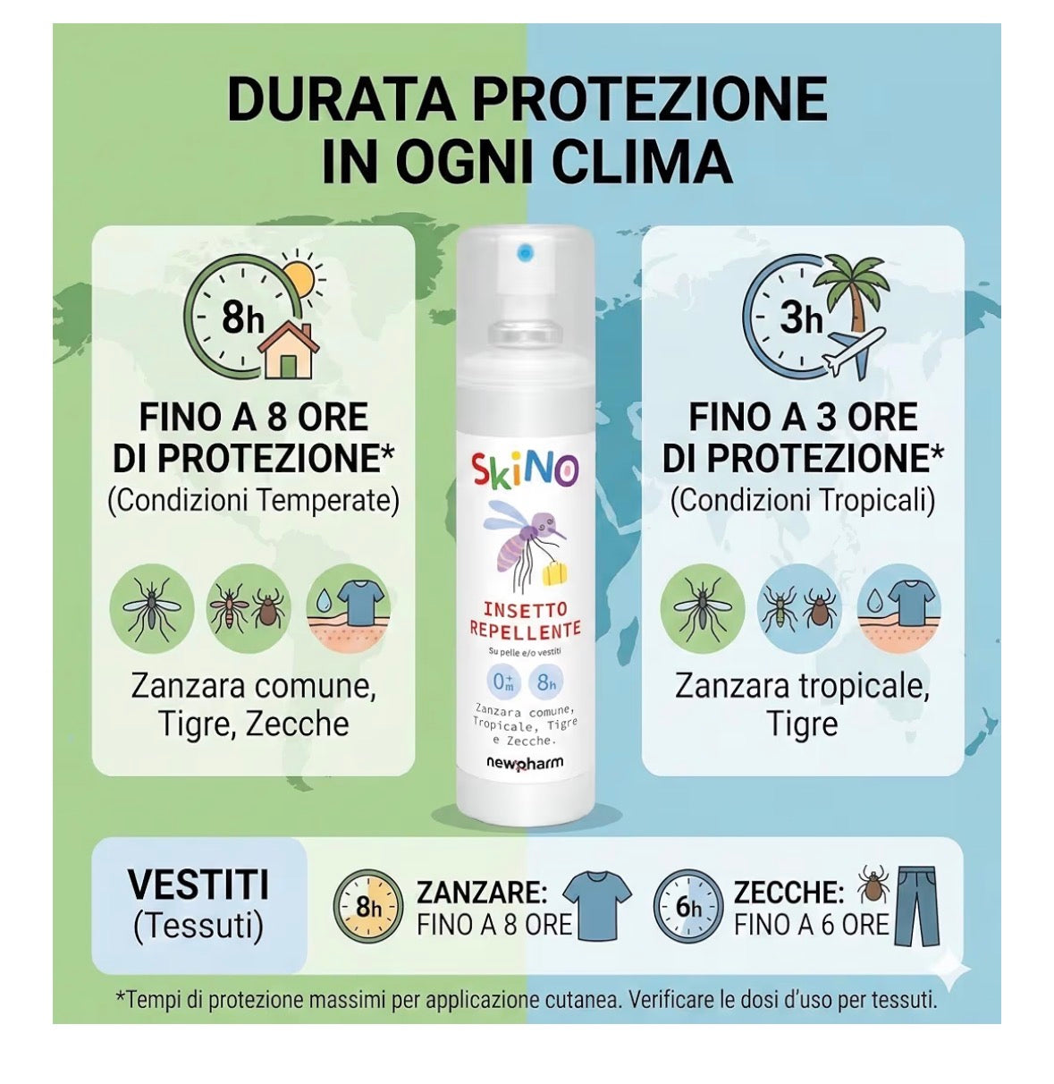 SKINO 
Spray repellente pronto all'uso per zanzare da applicare sui vestiti e sulla pelle.