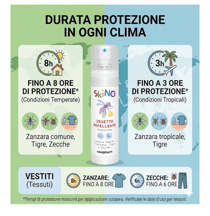 SKINO 
Spray repellente pronto all'uso per zanzare da applicare sui vestiti e sulla pelle.