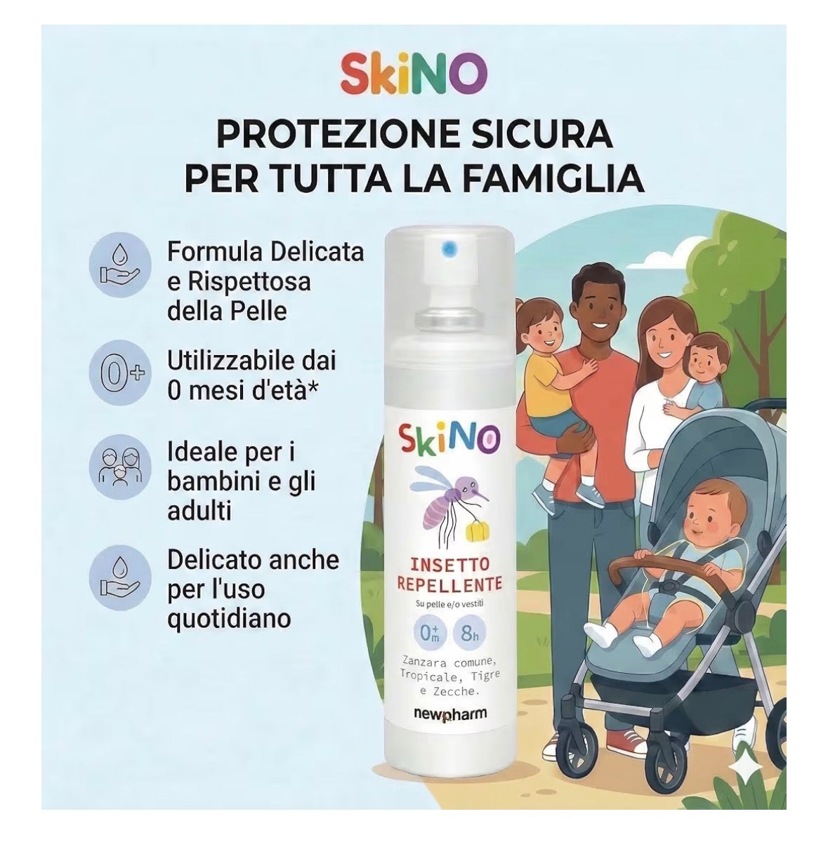 SKINO 
Spray repellente pronto all'uso per zanzare da applicare sui vestiti e sulla pelle.