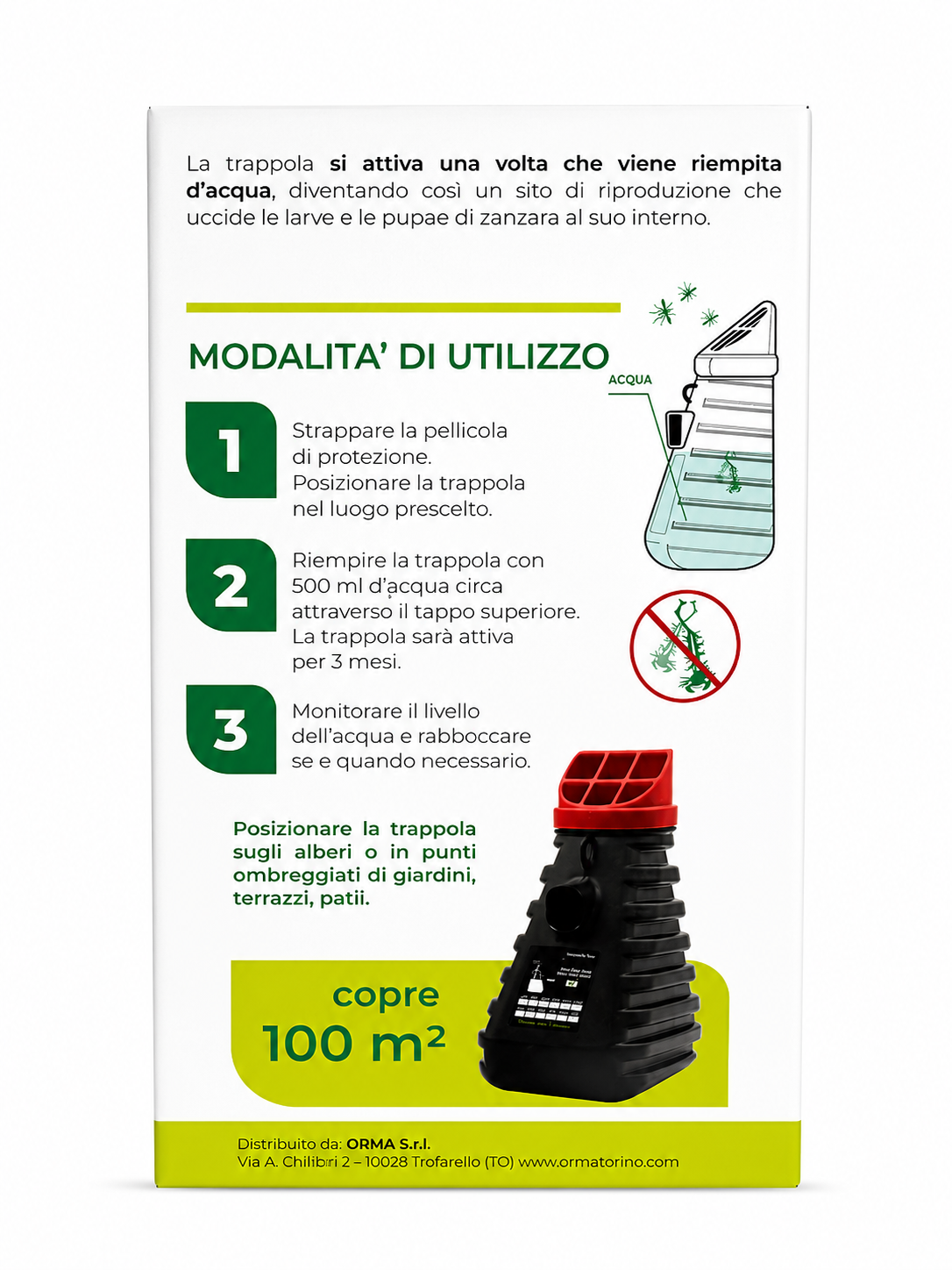 Mosquito trap progettata appositamente per ricreare un ambiente di coltura per le zanzare il più attrattivo possibile e bloccarne lo sviluppo della popolazione.