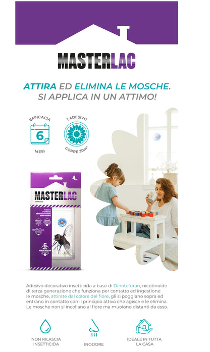 MASTERLAC attira e elimina le mosche.
Si applica in un attimo!  una confezione 4 fiori