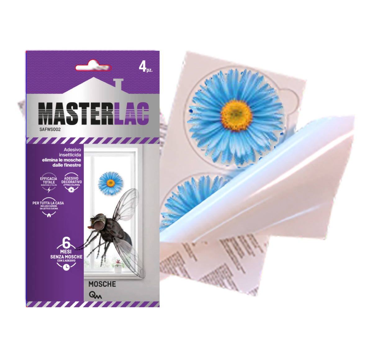 MASTERLAC attira e elimina le mosche.
Si applica in un attimo!  una confezione 4 fiori