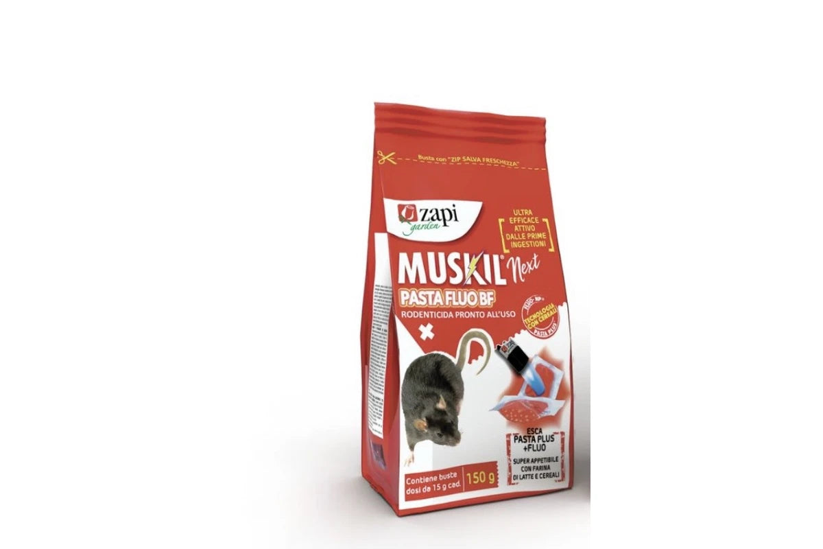 MUSKIL® NEXT PASTA FLUO BF
Brevetto Europeo n° EP1279334B1

Esca Rodenticida (PT14) pronta all’uso in pasta. 150G
