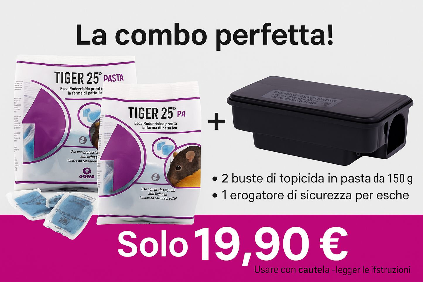Combo: 2 buste veleno per topi in pasta da 150g e 1 erogatore di sicurezza per esche.