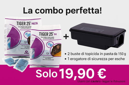 Combo: 2 buste veleno per topi in pasta da 150g e 1 erogatore di sicurezza per esche.