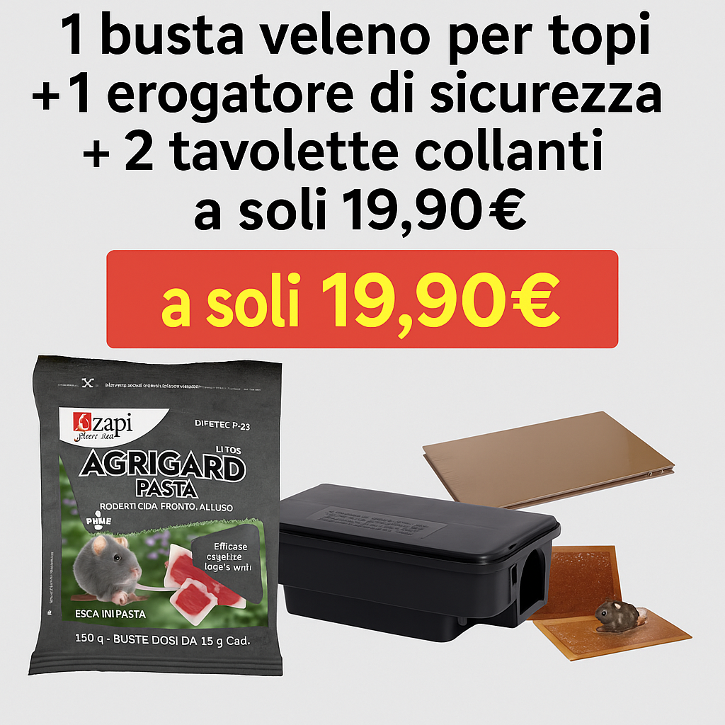1 busta veleno per topi, 1 erogatore di sicurezza e 2 tavolette di colla