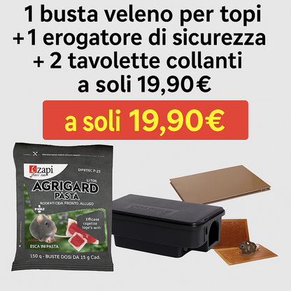 1 busta veleno per topi, 1 erogatore di sicurezza e 2 tavolette di colla