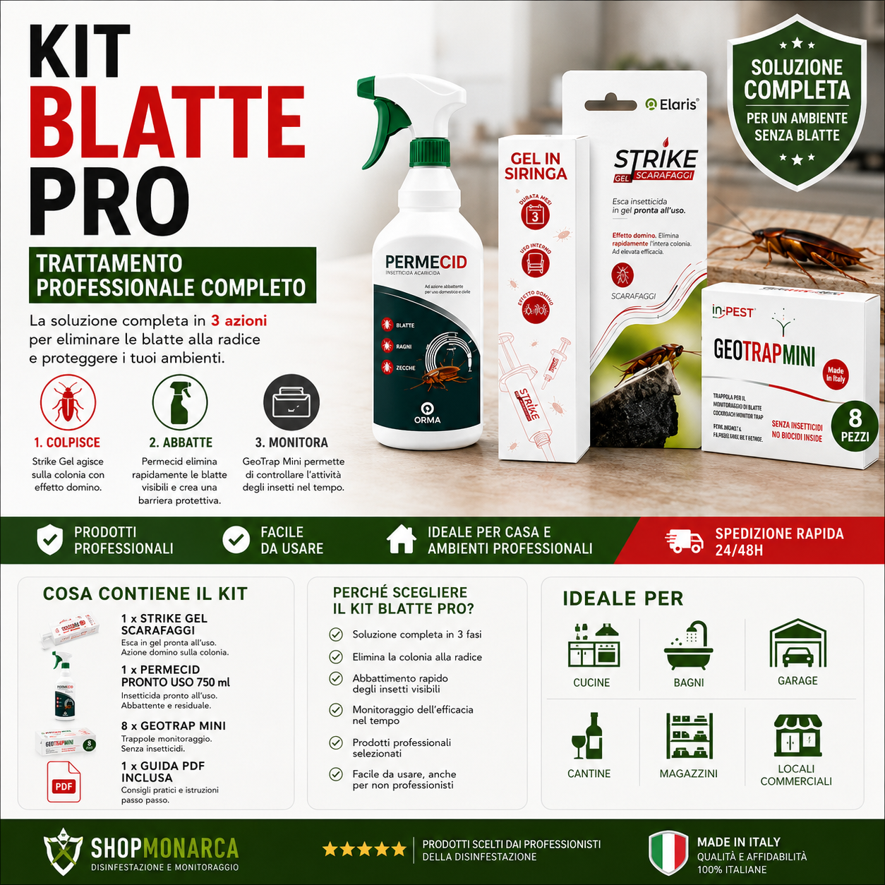 Kit Anti Blatte Professionale – Strike Gel + Permecid + 8 GeoTrap Mini